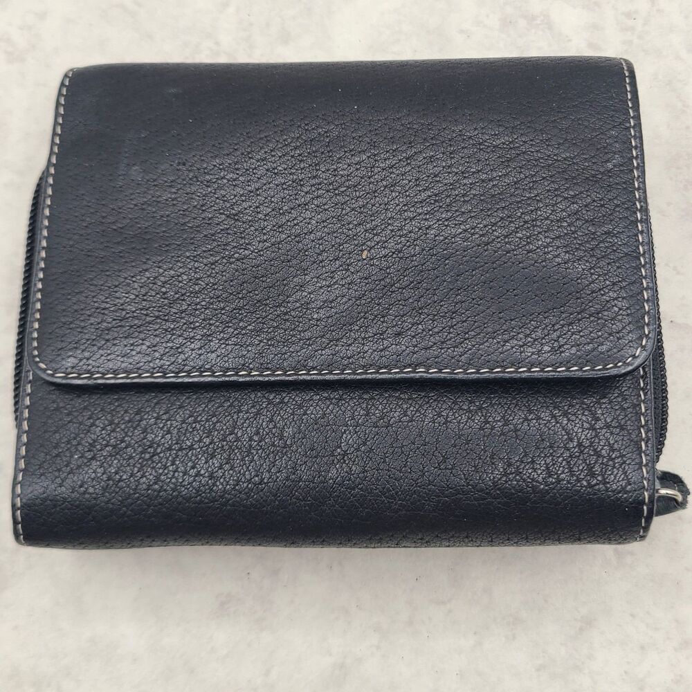 Women’s Tri Fold Black Genuine Leather Wallet Multiple Pockets Keychain